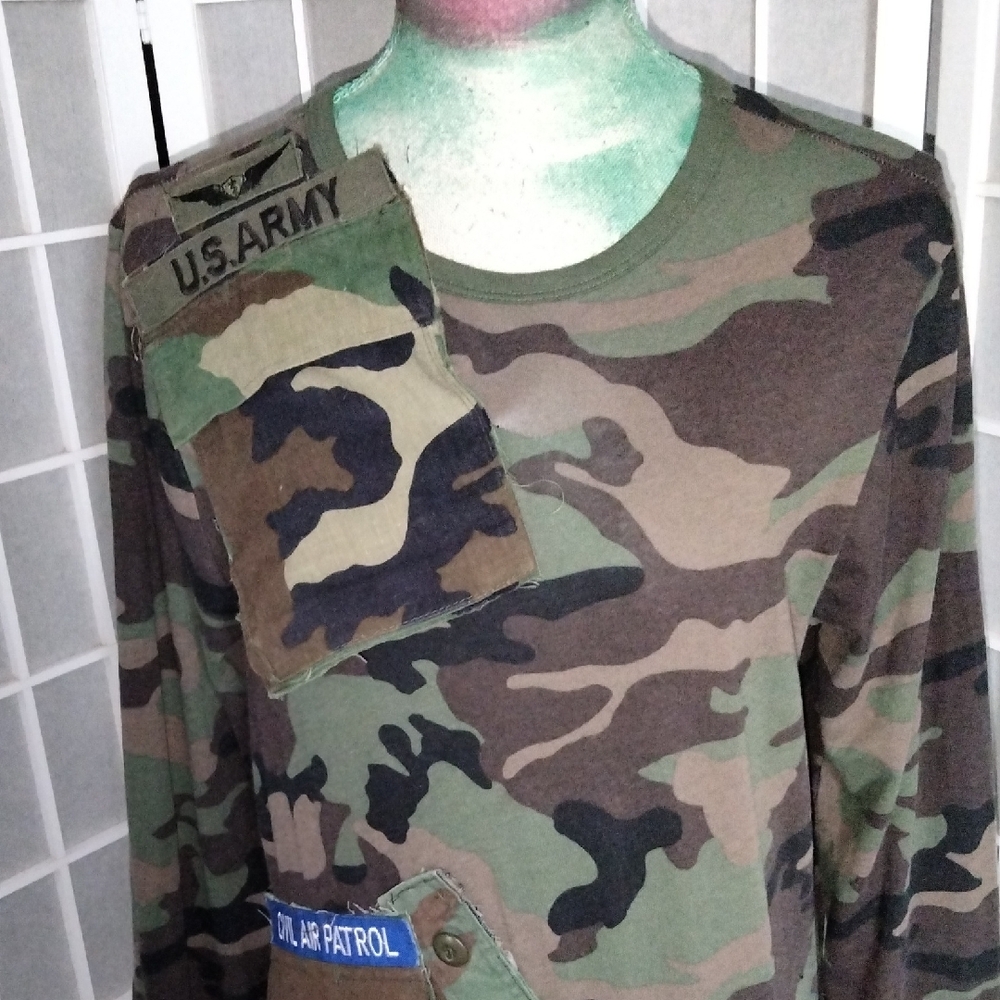 Upcycle / Refurbished Camouflage Asymmetrical Long Sleeve Maxi Dress - Picture 7 of 16